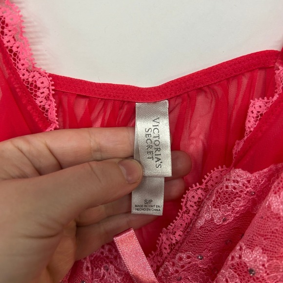 Victoria Secret Pink Lace Sheer Babydoll Top Bow Trim S Y2K Coquette Romantic - Picture 4 of 9